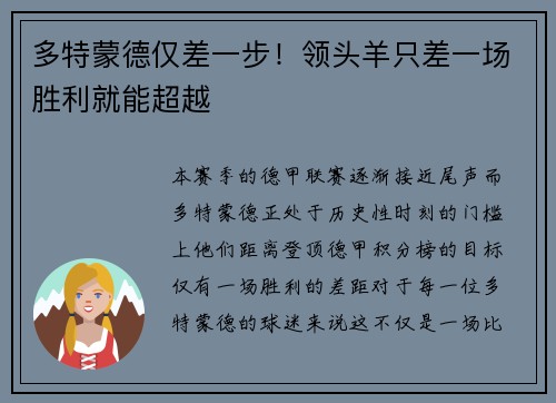 多特蒙德仅差一步！领头羊只差一场胜利就能超越
